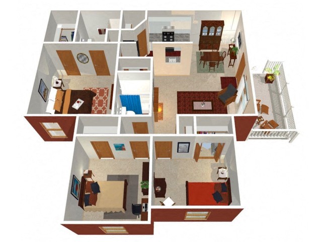 Floor plan for 3 beds, 2 baths, 1225 sqft